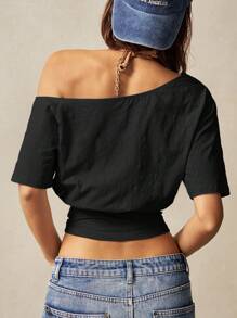 Bohemela Áo thun nữ cổ tròn dệt kim màu đen trơn ngắn, dáng bất đối xứng, thích hợp để đi chơi - màu đen - Xem 7