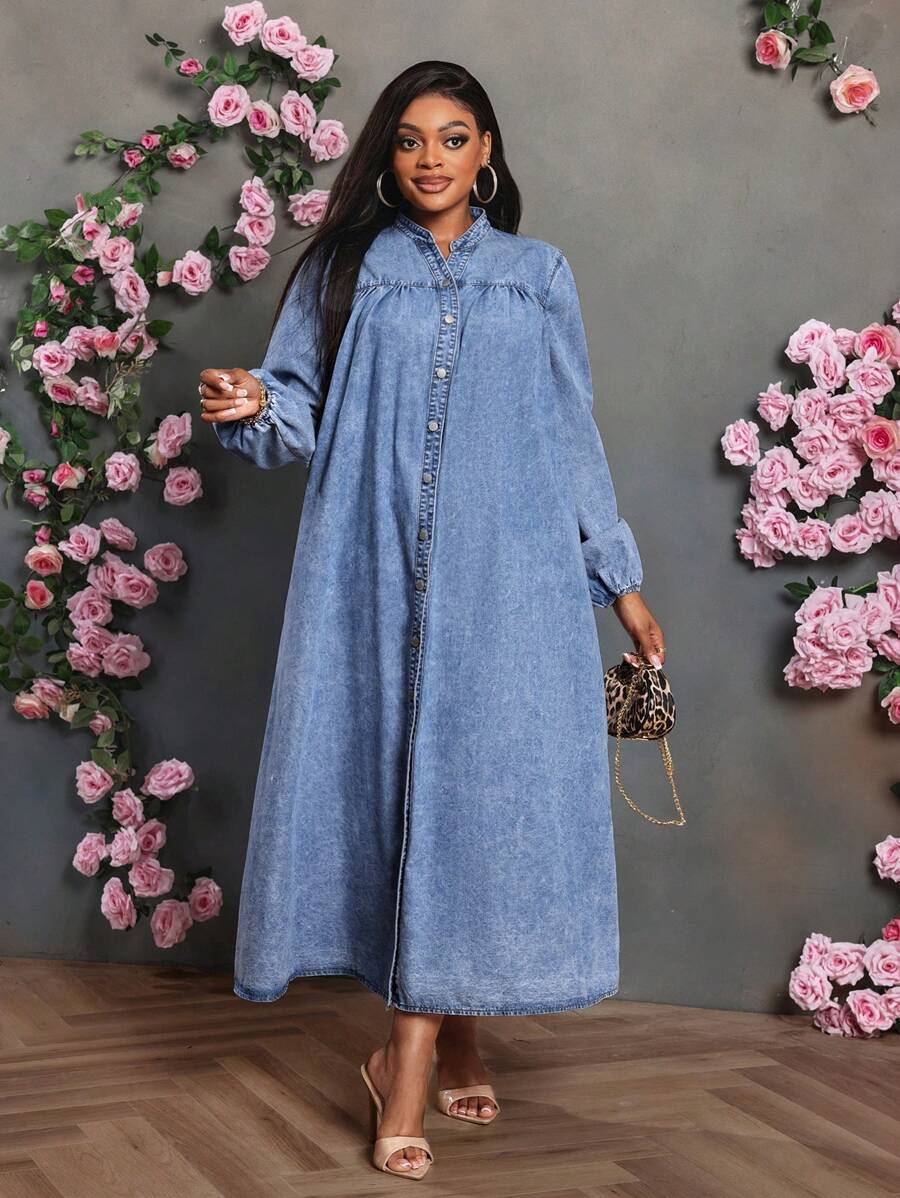 SHEIN Lady Plus Size Casual Long Sleeve Denim Dress, Blue Holiday Outfits, Fall Women Clothes