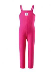 2 Pcs/Set Setelan Anak Perempuan Kreatif Lucu Kasual Warna Polos Cardigan Mantel Panjang + Celana Jumpsuit - Hot Pink - View 3