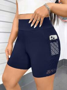 SHEIN Essnce Plus Size Women's Spring And Summer Gym Beachwear Summer Shorts Joggers New Fashion Casual Commuting Sports Design Stitching Hollow Lace Pockets Black Tight Leggings, Leggings Shorts