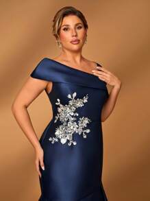 Serin Váy đuôi cá xếp nếp satin màu xanh navy hở vai sang trọng thanh lịch cỡ lớn, phù hợp cho đám cưới, tiệc đơn, kỳ nghỉ, vũ hội, váy dạ hội, mẹ cô dâu - Màu xanh hải quân - Xem 2