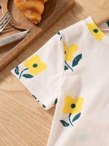 Elladie kids Summer Young Girls Flower Print Round Neck Short Sleeve T-Shirt&Ribbed Comfortable Fashion Pants - Yellow - View 4