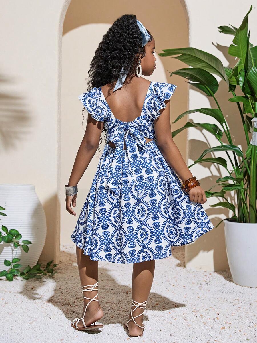 SHEIN Leap Crew Tween Girls' Bowknot Back Cap Sleeve Print Dress, Suitable For Vacation, Beach - Blue - View 1