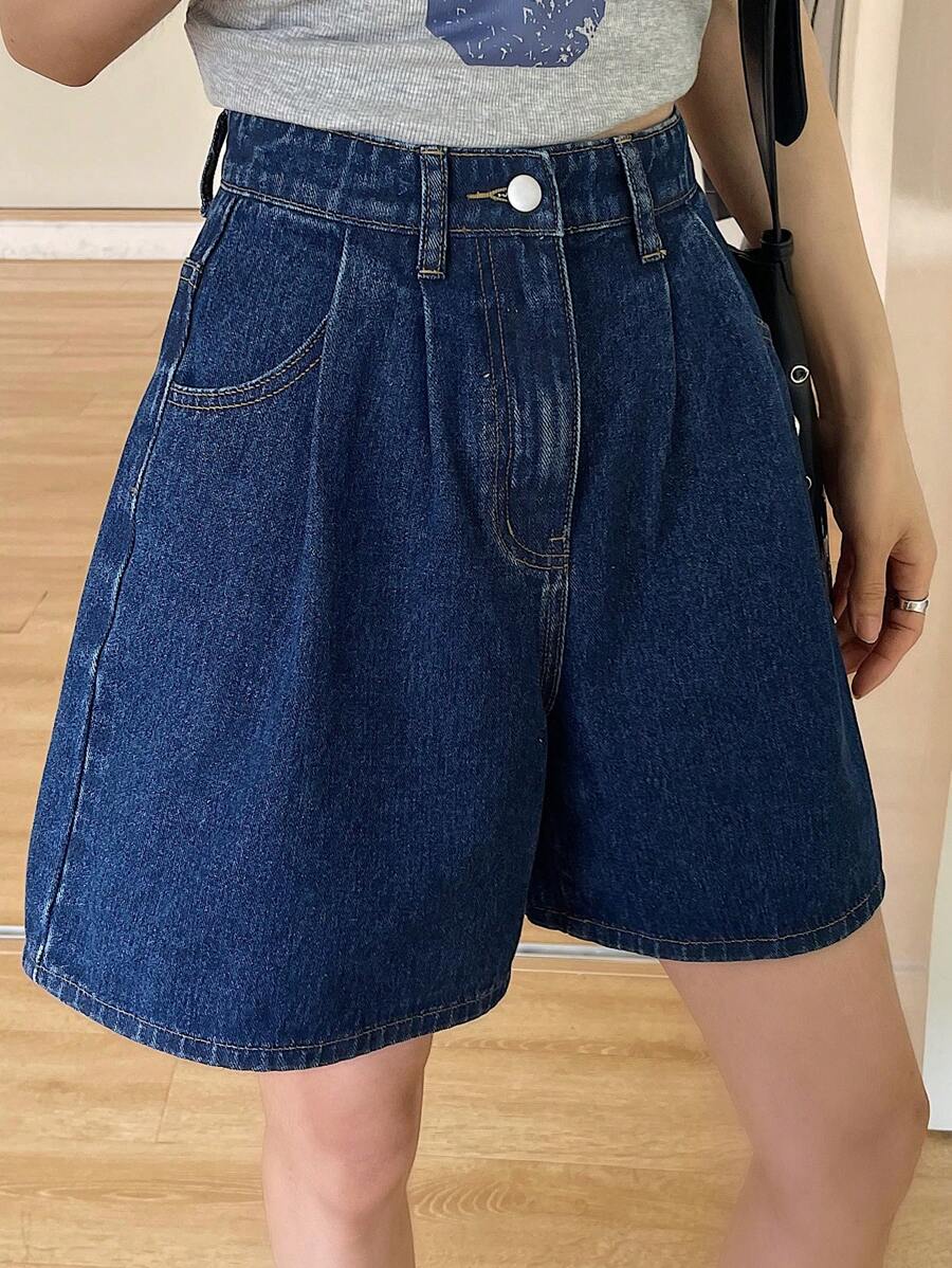DAZY 纯色休闲百搭夏季宽松牛仔短裤，带口袋 - 深色水洗藍 - 查看 1