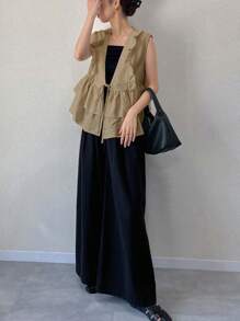 FRIFUL 女士系带荷叶边开衫，休闲夏季外套，亚麻材质 - 卡其色 - 查看 2