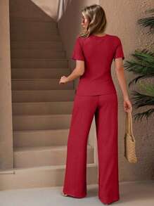 EURMUSE Strukturiertes Einfarbig T-Shirt & gerade geschnittene Hose mit dehnbarer elastischer Taille Koordinationsset