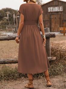 EMERY ROSE Women's Spring/Summer Bohemian Vacation Style Casual Crossover Shirred Waist Gathered Twist Back Ruffle Sleeve A-Line Midi Dress - Coffee Brown - View 2