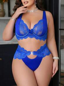 SHEIN Seduluxe 2 Stücke Große Größen Spitze & Mesh Paneel Unterbügel Sexy BH & Slip Dessous Set