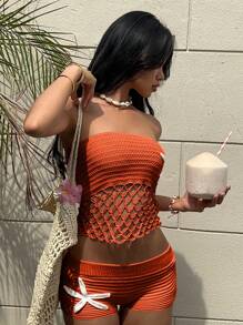 Aloruh 女士钩针粉色海星镂空节日短款上衣 - 橘色 - 查看 10