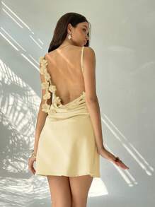 Aloruh Váy ngắn hở lưng họa tiết hoa 3D cho nữ, cổ khoét sâu thanh lịch - Màu vàng - Xem 6