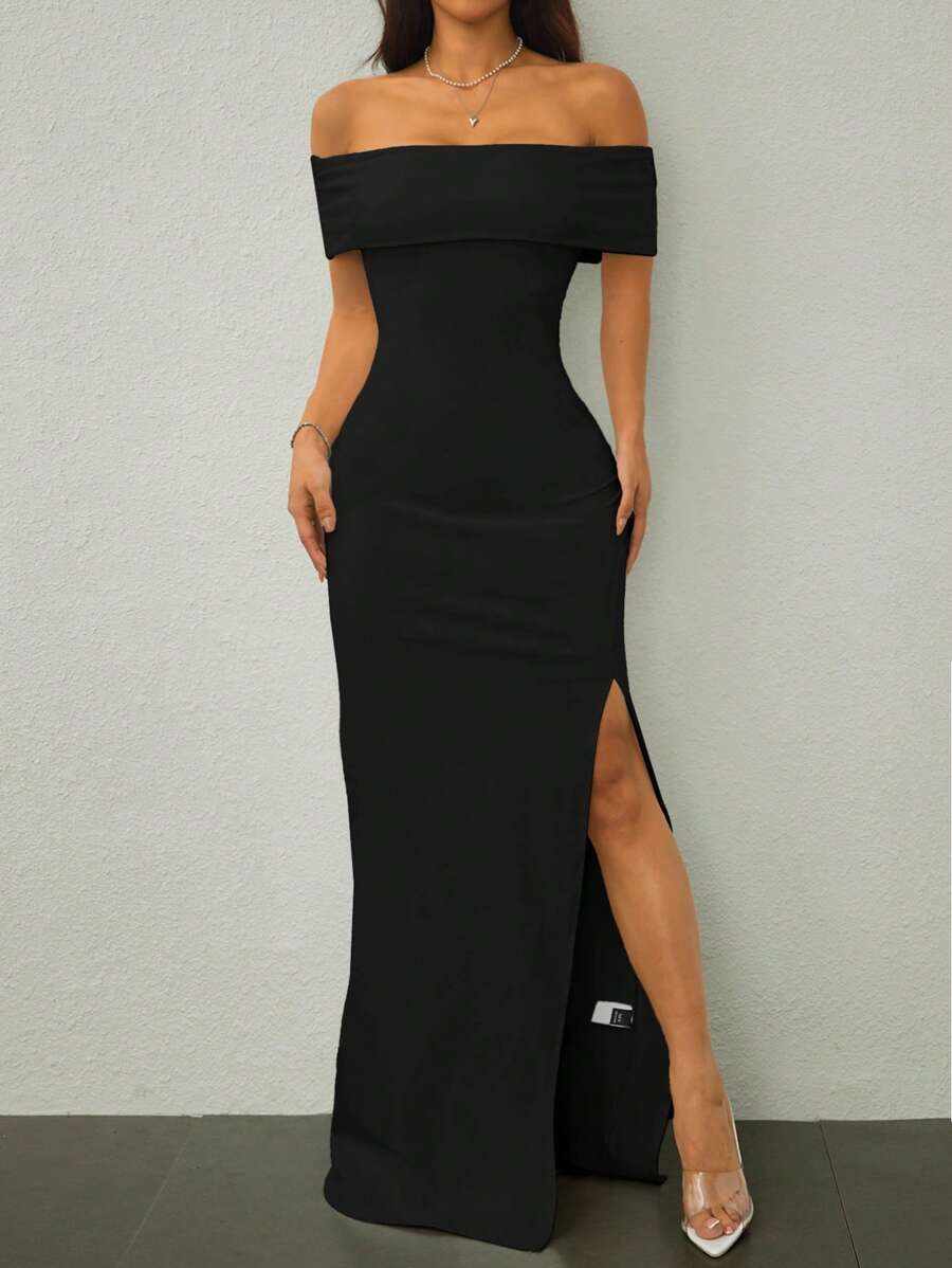 SHEIN Tall Off Shoulder Women's Long Dress With High Slit, Light Dress, Elegant, Wedding Season, Sexy Style - Black - View 1