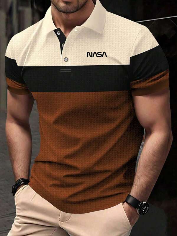 Camisa tipo polo de manga corta con cuello, estampado de letras y bloques de color para niño preadolescente, para uso casual diario y golf