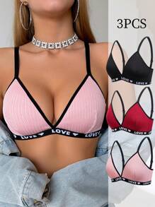 SHEIN 3pcs Letter Print Wireless Push Up Triangle Brassiere Bras For Women Without Padding For Everyday Wear Casual - Multicolor - View 1