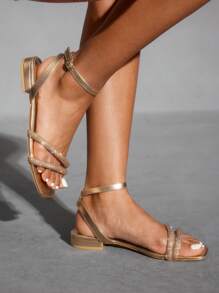 CUCCOO SZL Women Fashion Rhinestone Decor Flat Sandals For Christmas - Champagne - View 6