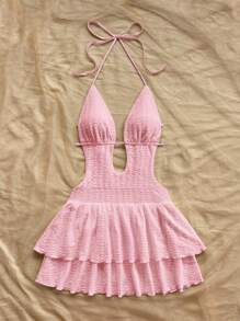 Soleia 女士度假白色针织纹理深 V 露背系带腰部荷叶边下摆迷你连衣裙，性感派对、约会、下午茶、城市度假、音乐节、海滩、夏季服装 - 粉色 - 查看 4