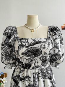 Soleia 大码女式春季方领蓝色手绘花卉印花泡泡袖连体衣 - 黑與白 - 查看 6