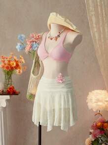 SHEIN Swim 2件套女士2025夏季海滩V领纹理泳衣 - 粉色 - 查看 3