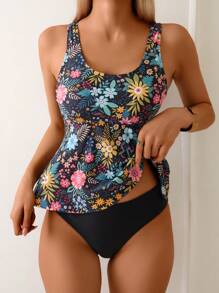 Swim Lushoire Women's Summer Floral All-Over Print Thick Strap Vest Top And Bikini Set, Beach Outfit - Multicolor - View 1