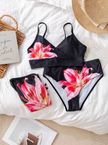 SHEIN Bộ đồ bơi in hoa cho bé gái tuổi teen - màu đen - Xem 3