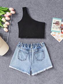 SHEIN 青少年女孩夏季波西米亚风两件套单肩上衣和石洗做旧破洞不对称腰部毛边下摆裹身牛仔短裤，夏季女童服装 - 淺色水洗藍 - 查看 2