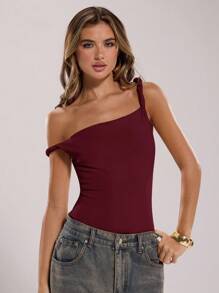 SHEIN BAE Body negro sólido con cuello asimétrico y retorcido para mujer, casual y ajustado, versátil y minimalista, sin mangas, apropiado para salidas de verano