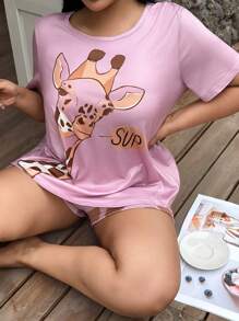 长颈鹿印花休闲大码短袖短裤套装 - 粉色 - 查看 5
