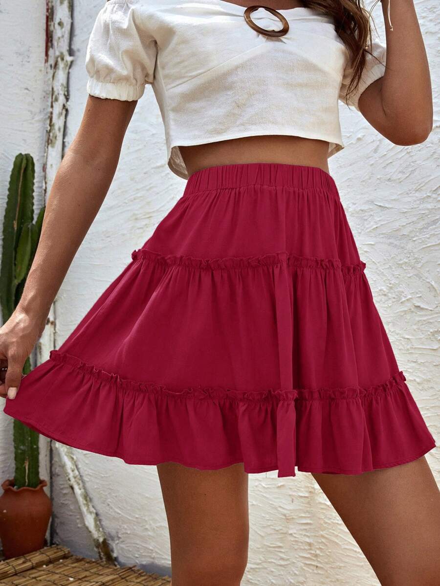 Chiquease Women Solid Color Simple Casual Pleated Skirt - Red - View 1