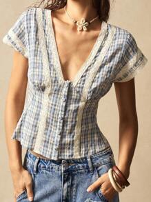 Bohemela Casual Solid Color V-Neck Short Sleeve Fitted Women's Blouse - Blue - View 7