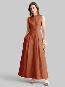 Ontre 2025 Nuovo Stile Autunnale Outfit da Vacanza al Mare Abbigliamento da Club Outfit da Insegnante Abbigliamento per Concerto di Musica Country Streetwear da Donna Abito Estivo Minimalista Colore Unito Cerniera Semi-Aperta Vita Stretta Abito Casual Business Casual Abito Casual da Donna Stile Old Money - Marrone ruggine - Visualizzare 8