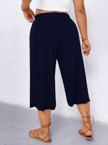 EMERY ROSE Plus Size Women Casual Ruffle Trim Wide Leg 3/4 Pants - Navy Blue - View 2