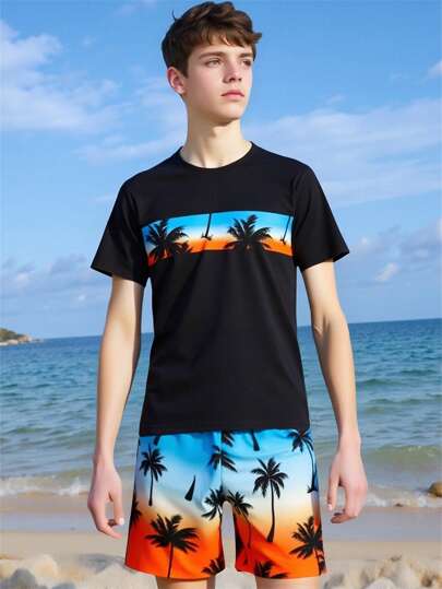 Teen Boy Palm Tree Print Short Sleeve Swimsuit Top And Random Print Trunks Teen Boys Beach Wear Swimwear For Teen Boys Set Teen Boy Beach Wear Boys Beach Wear Swim Wear For Teen Boys Boys Teen Rash Guard Set - 2 Piece UPF 50+ Long Sleeve Swim Shirt And Bathing Suit Swim Trunks For Boys 13-16Y