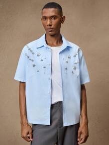 AKNOTIC Áo sơ mi nam tay ngắn cổ bẻ đính kim cương xanh nhạt thanh lịch dự tiệc hàng ngày, giản dị, vừa vặn, thích hợp mặc hàng ngày, đi làm, xuân/hè, nghỉ mát, tiệc tùng, đám cưới, cặp đôi, quà tặng bạn trai, đồ đi biển, quà tặng Ngày của Cha - Màu xanh lam - Xem 4