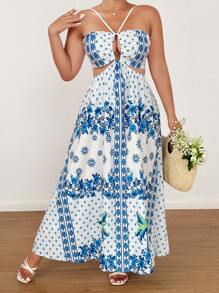 Flirla Bohemian Print Hollow Out Spaghetti Strap Long Summer Vacation Beach Dress