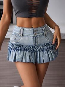 SHEIN PETITE Women's Casual Ruffled Hem Mini Denim Skirt, Summer - Blue - View 3