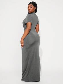 SHEIN SXY Vestido midi elegante de manga corta, de cuello redondo y ajustado en talla grande de un solo color