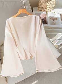 SHEIN Women's Elegant Solid Color Ruffled Collar Flared Sleeve Blouse, Commuter Style Fall Cloth For Women - Apricot - View 2