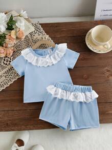 Baby Girl Sweet Floral Trim Round Neck Short Sleeve T-Shirt & Blue Shorts Set, Suitable For School, Casual, Dining Out, Picnic In Summer