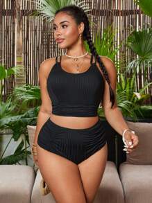 Swim Lushoire Plus Size Women 2pcs Set - Cross Strap Round Neck Crop Top And High Waist Ruched Bikini Bottoms, Summer Beach Holiday