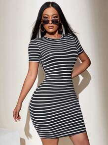 SHEIN SXY Striped Crew Neck Bodycon Dress - Black and White - View 7