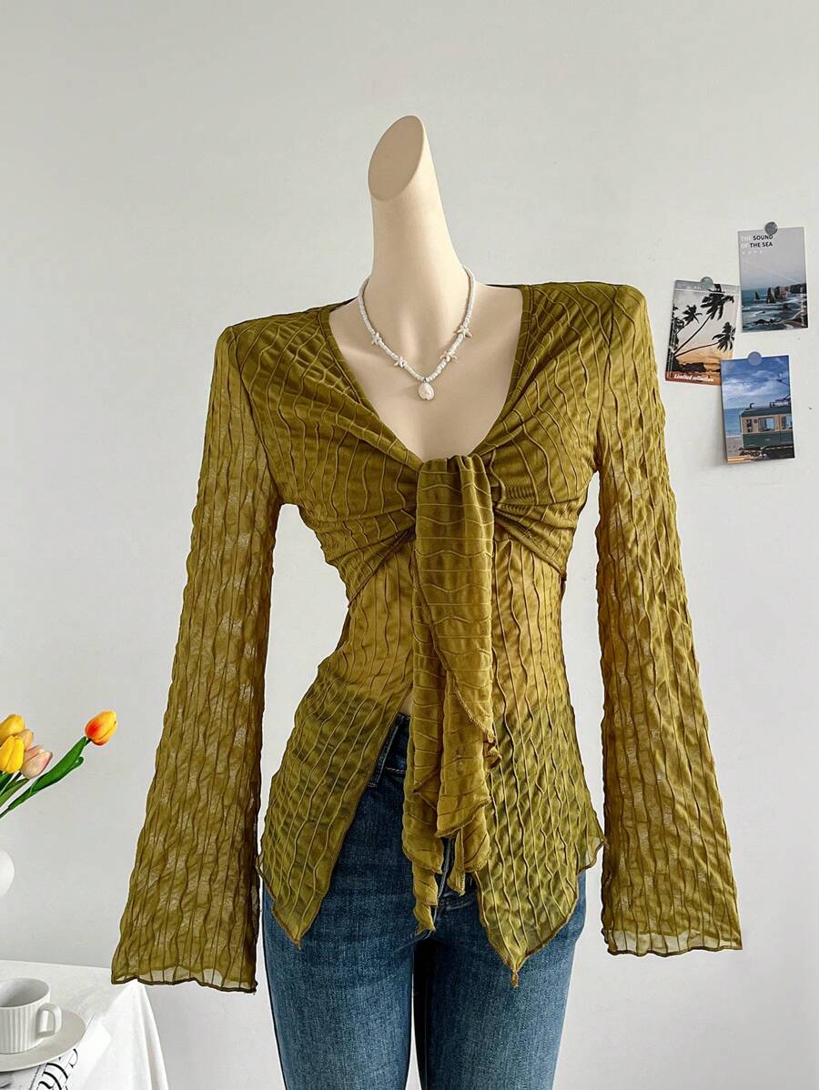 Soleia Áo cánh tay dài bằng vải kết cấu, cổ chữ V, thắt eo, tay loe, mặc ngày lễ thường ngày - màu xanh lá - Xem 1