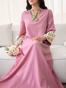 Al Najma Women's V-Neck Floral Patchwork Loose Arabic Dress, Modest - Pink - View 1