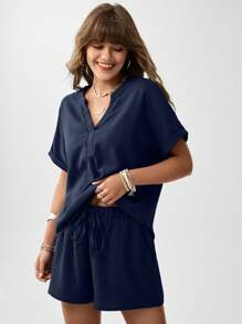 SHEIN LUNE 女士纯色宽松休闲两件套短裤夏季套装 - 藏蓝色 - 查看 4