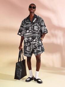 SUMWON Tropisches Resort Palmen Muster Zusammenpassende Set bestehend aus Hemd und Shorts, Strandurlaub Party Sommer Wochenendausflug Lässig Lässig Allover-Muster