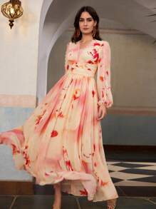 ZEYLAH Vestido largo de manga larga con cuello en V, cintura ceñida y degradado, con aplicaciones de encaje en estilo romántico para primavera/verano y vacaciones - Naranja - Ver 4