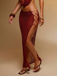 Hauture Asymmetric High Slit Tie Up Lace Maxi Skirt - Mocha Brown - View 2