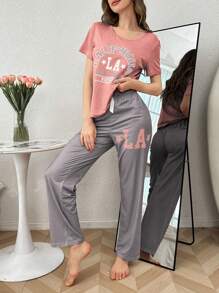 Conjunto de pijama de manga corta con bloqueo de color y estampado de letras informal - Multicolor - Ver 4