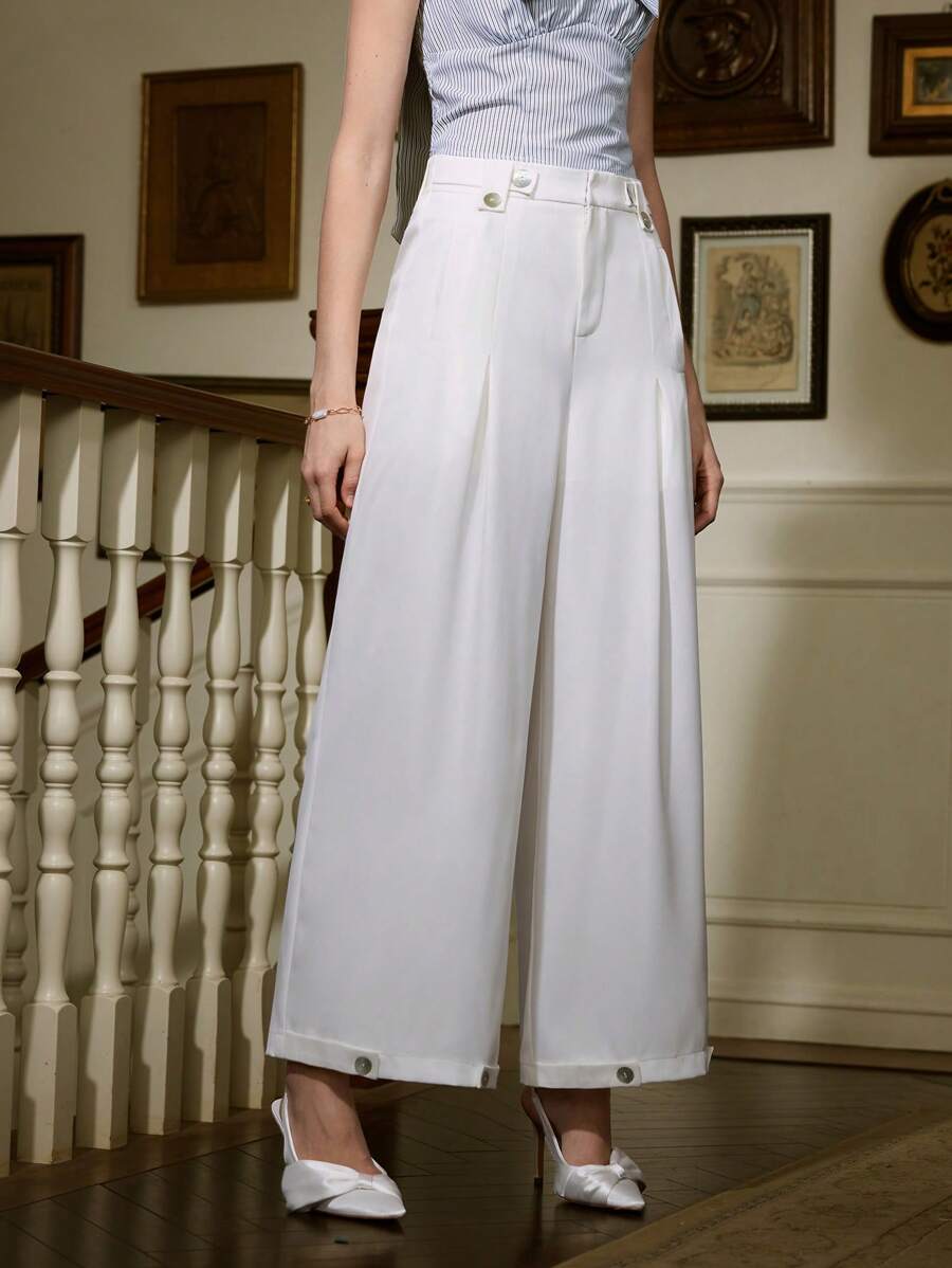 SHEIN MOD Pantalones anchos casuales lisos para mujer - Blanco - Ver 1