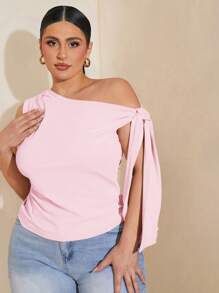SHEIN BAE Plus Size Women Asymmetric Off-The-Shoulder Black Top, Suitable For Commute, Date, Afternoon Tea, Valentine's Day, Summer, Birthday, Formal, Party, With Flounce,Going Out Tops Women,Valentine's Day,Valentine Outfits For Women - Coral Pink - View 5