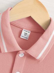 SHEIN Áo thun polo tay ngắn màu trơn cổ bẻ cho bé trai tuổi mới lớn - Hồng - Xem 3