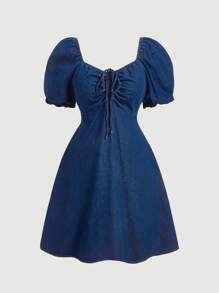 SHEIN MOD Plus Size Denim Dress Sweet Bubble Sleeve Loose Fit Blue Dress - Dark Wash - View 1